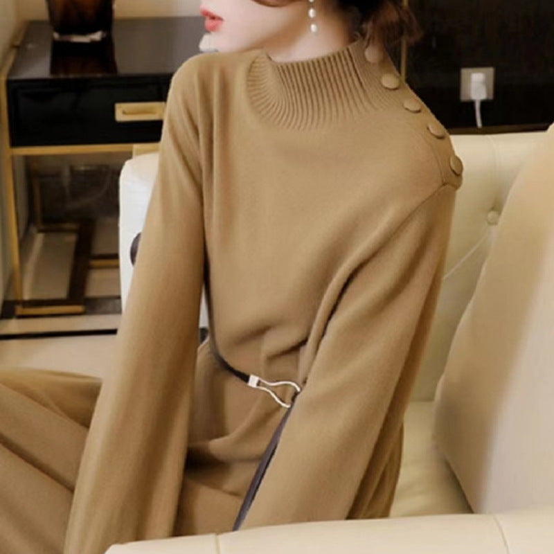 Damen Elegantes Strickmaxikleid mit hochgeschlossenem Kragen und dekorativen Knöpfen Drune