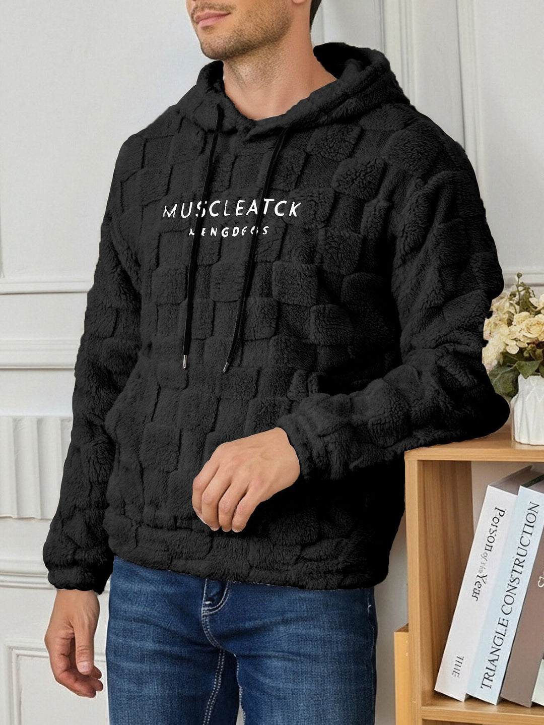 Herren flauschiger Sherpa-Hoodie mit Quadrat-Steppmuster, Kängurutasche und verstellbarer Kapuze Drune