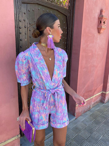 Damen modischer Jumpsuit mit modernen Puffärmeln und buntem Grafikdesign Drune