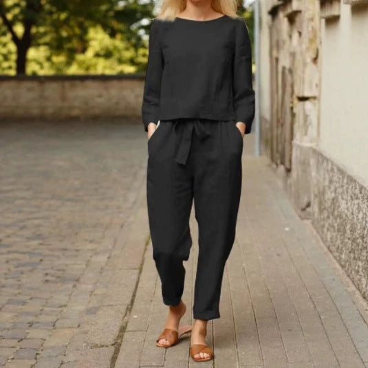 Damen Lässiges Leinen-Loungewear-Set mit Rundhalsausschnitt, Bindegürtel und knöchellanger Hose Drune