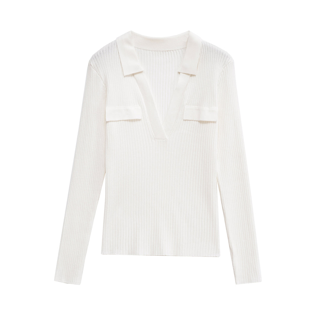 Damen Langarmshirt mit V-Ausschnitt und dekorativen Taschen Drune