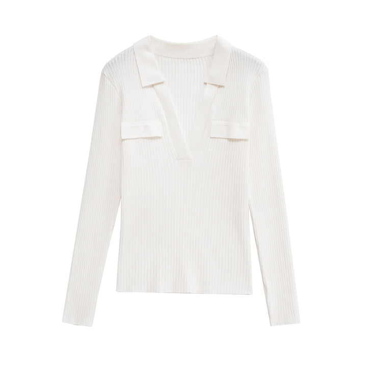 Damen Langarmshirt mit V-Ausschnitt und dekorativen Taschen Drune