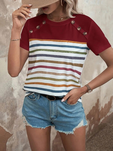 Damen gestreiftes T-Shirt mit modischen Knopfdetails und Rundhalsausschnitt Drune