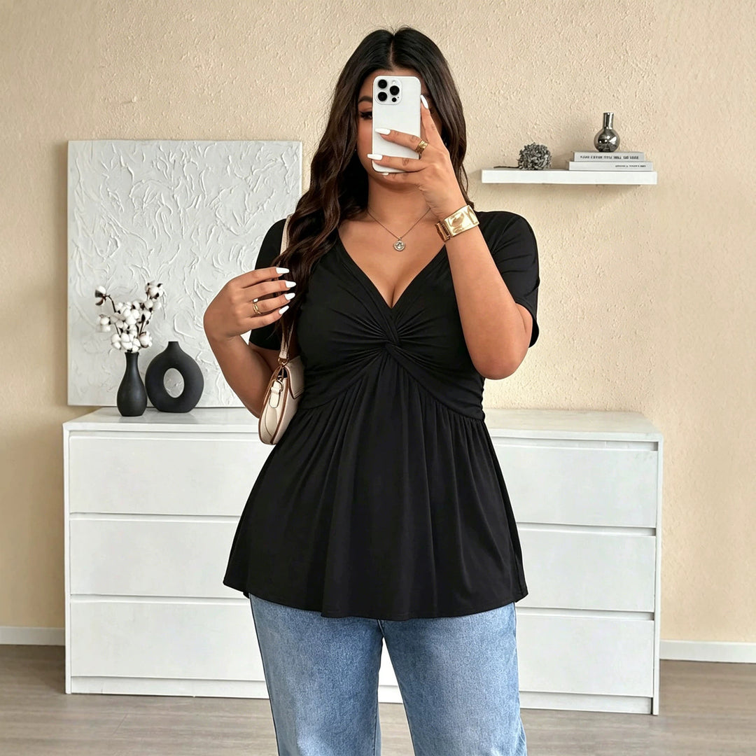 Damen Kurzarm-Bluse mit raffiniertem Wickeldesign und V-Ausschnitt Drune