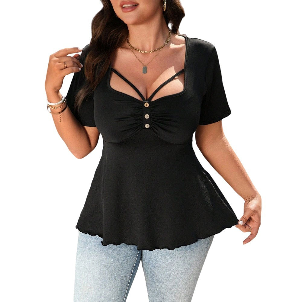 Damen stilvolles T-Shirt mit dekorativen Cut-Outs und Knopfdetails Drune