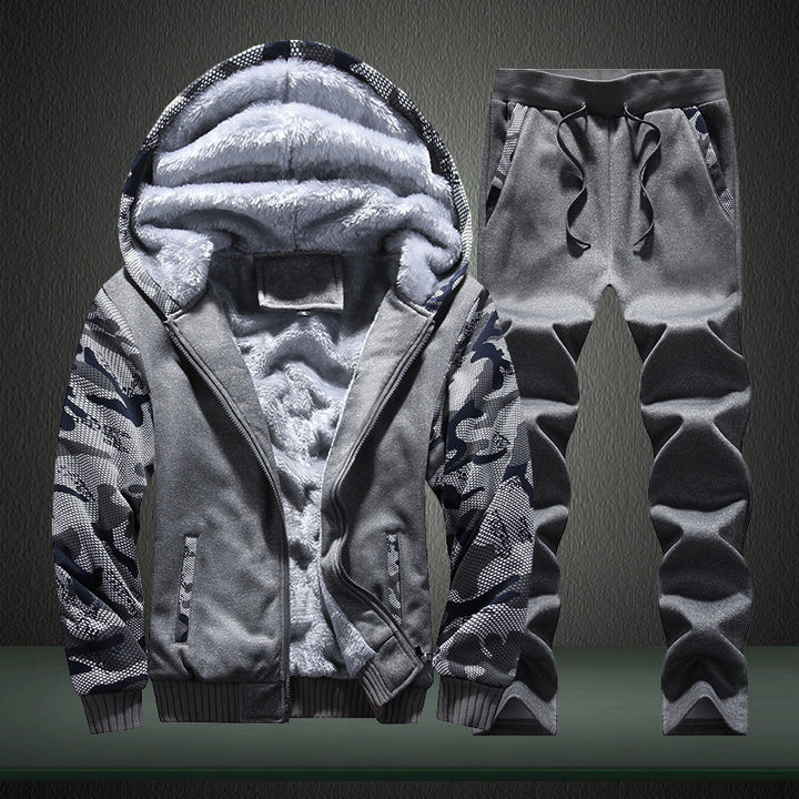 Herren Fleecegefüttertes Freizeit-Trainingsanzug-Set mit Kapuzenjacke und Camouflage-Ärmeln Drune