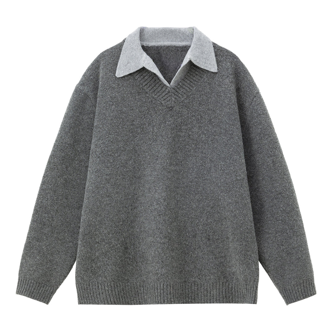 Unisex Oversize Wollmix-Strickpullover mit kontrastierendem Hemdkragen Drune
