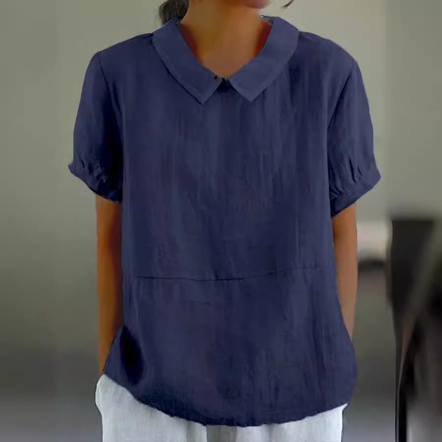 Damen luftige Bluse mit Kragen und umschlägigen Ärmeln Drune