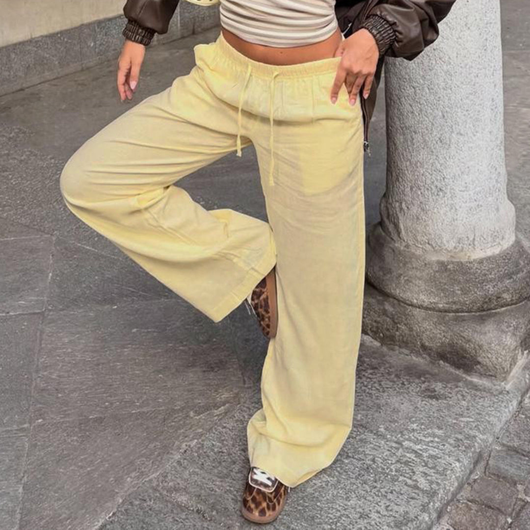 Damen Leinen-Loungehose mit weitem Bein, Tunnelzug und Seitentaschen Drune