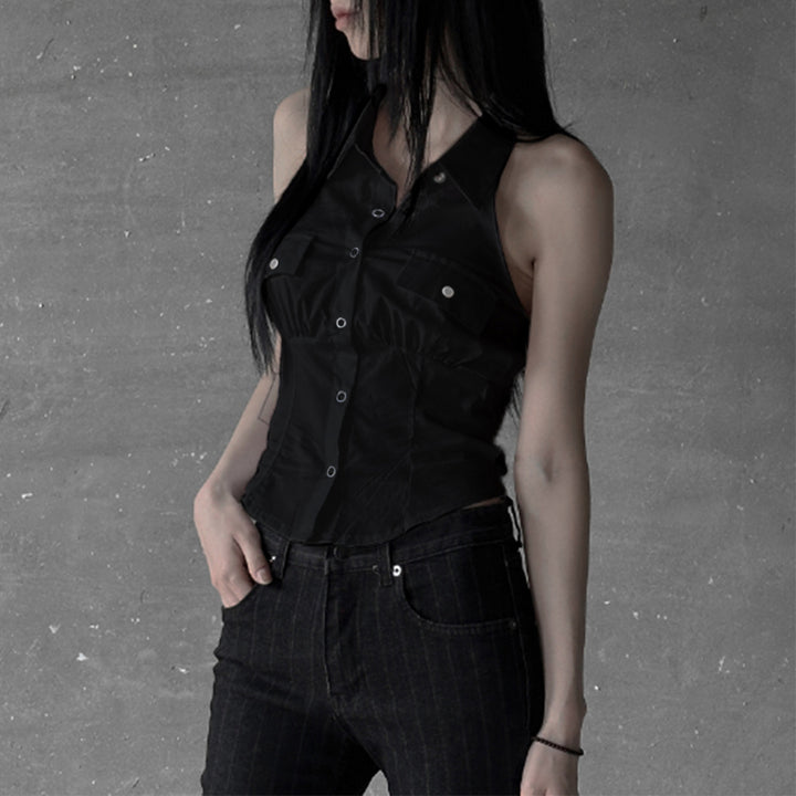 Damen Haltertop mit elegantem Kragen und praktischen Brusttaschen Drune