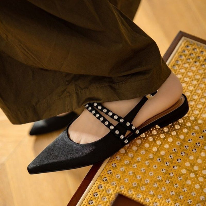 Damen Spitz zulaufende Satin-Slingbacks mit doppelt besetztem Strassriemen Drune
