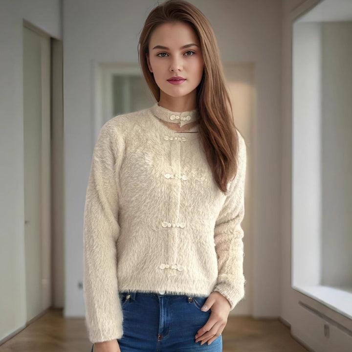 Damen kuscheliger Pullover mit hochgeschlossenem Kragen und dekorativen Knopfdetails Drune