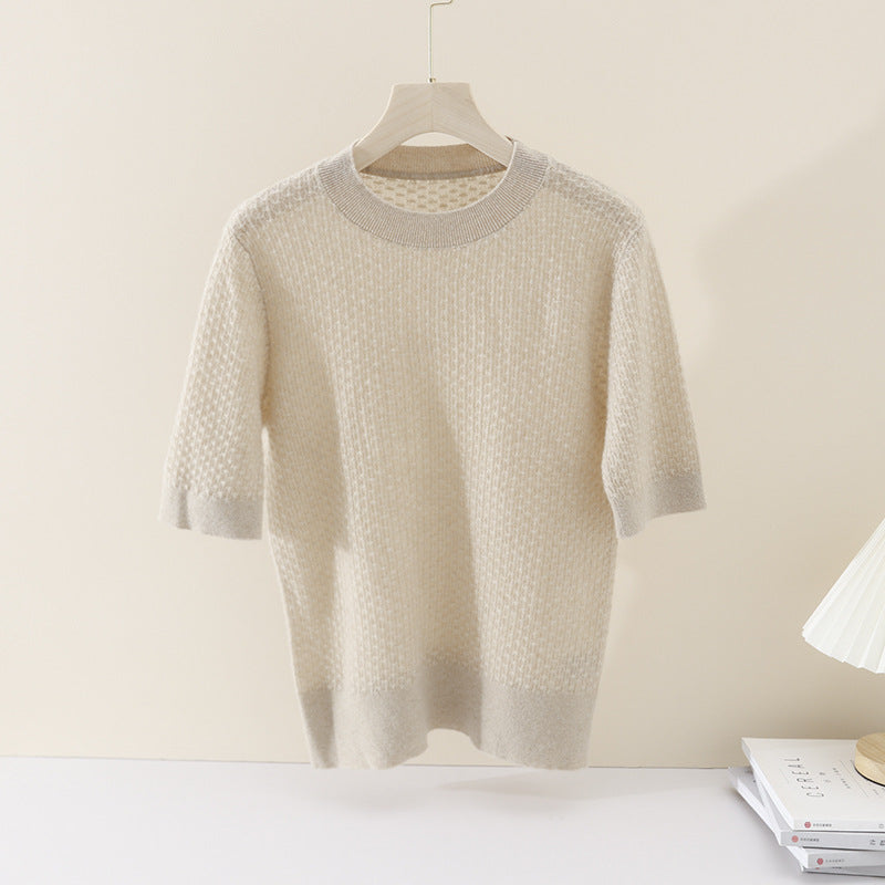 Damen Kurzärmeliges Feinstrickshirt mit Ajourstruktur und geripptem Saum Drune