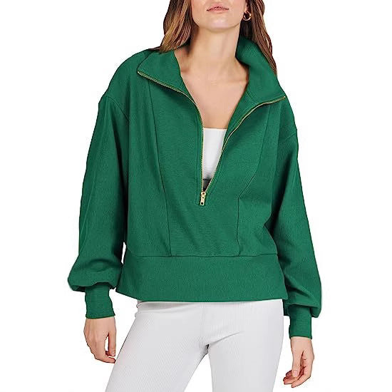 Damen Halb-Zip Kragen Entspannt Sweatshirt Pullover mit Rippbund und -manschetten Drune
