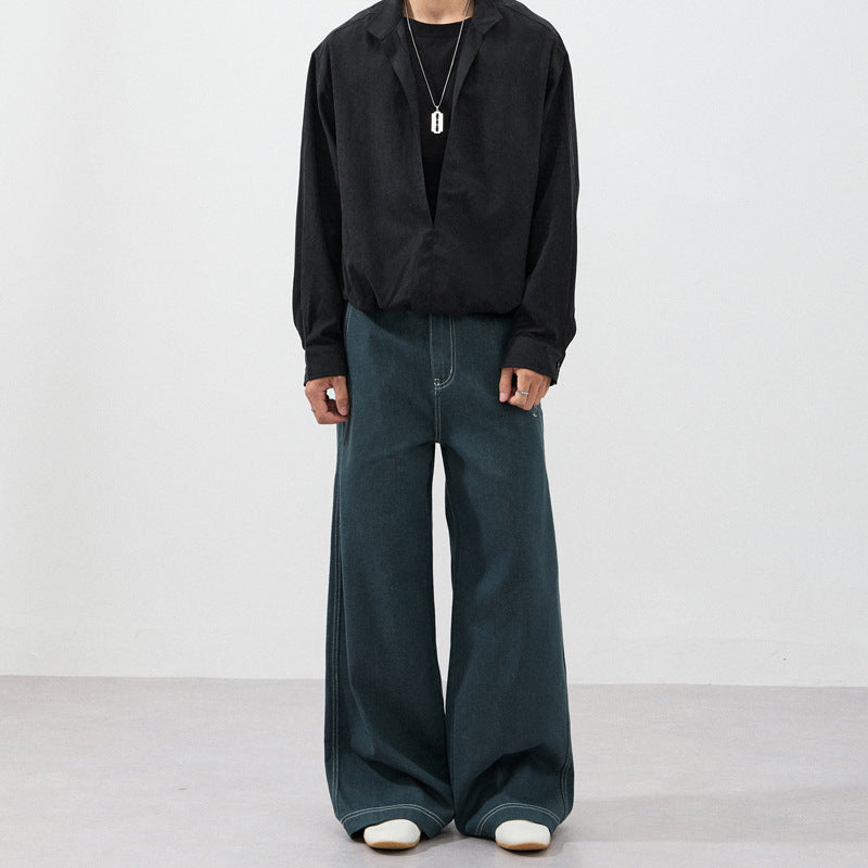 Herren Ultrabreite Raw-Denim Marlene-Hose mit Kontrastnähten Drune