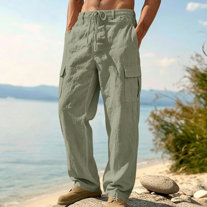 Herren nan entspannt geschnittene Strand-Cargohose aus Leinenblend mit elastischem Tunnelzug und zweifacher Klapptasche Drune