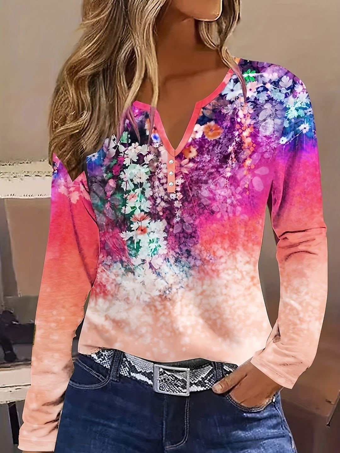 Damen Blütenmuster Langarmshirt mit Knopfleiste Drune