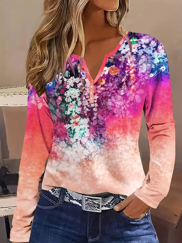 Damen Blütenmuster Langarmshirt mit Knopfleiste Drune
