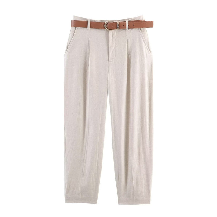 Damen hochwertige, ausgestellte Leinenhose mit modischem Gürtel Drune