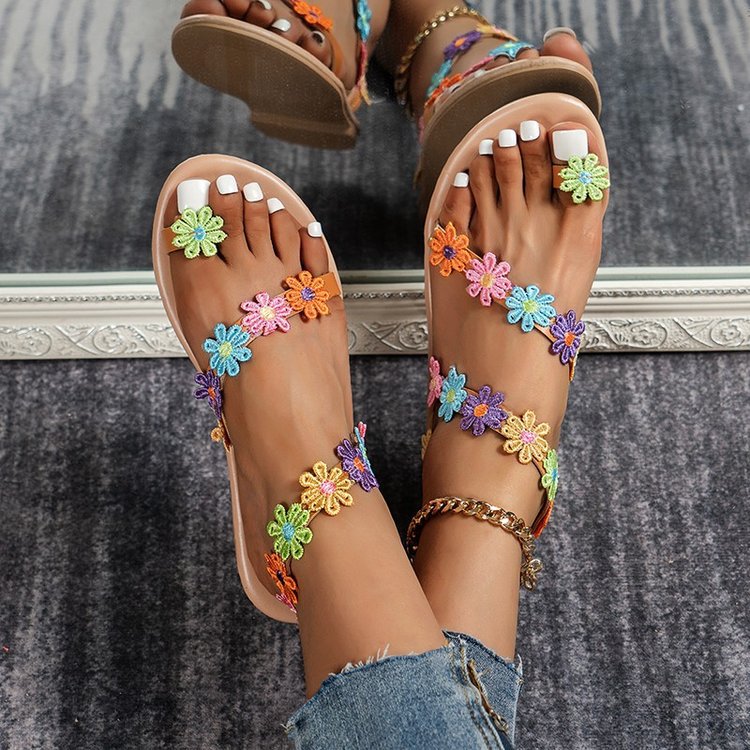 Damen Sommer Sandalen mit buntem Blüten-Design und rutschfester Sohle Drune