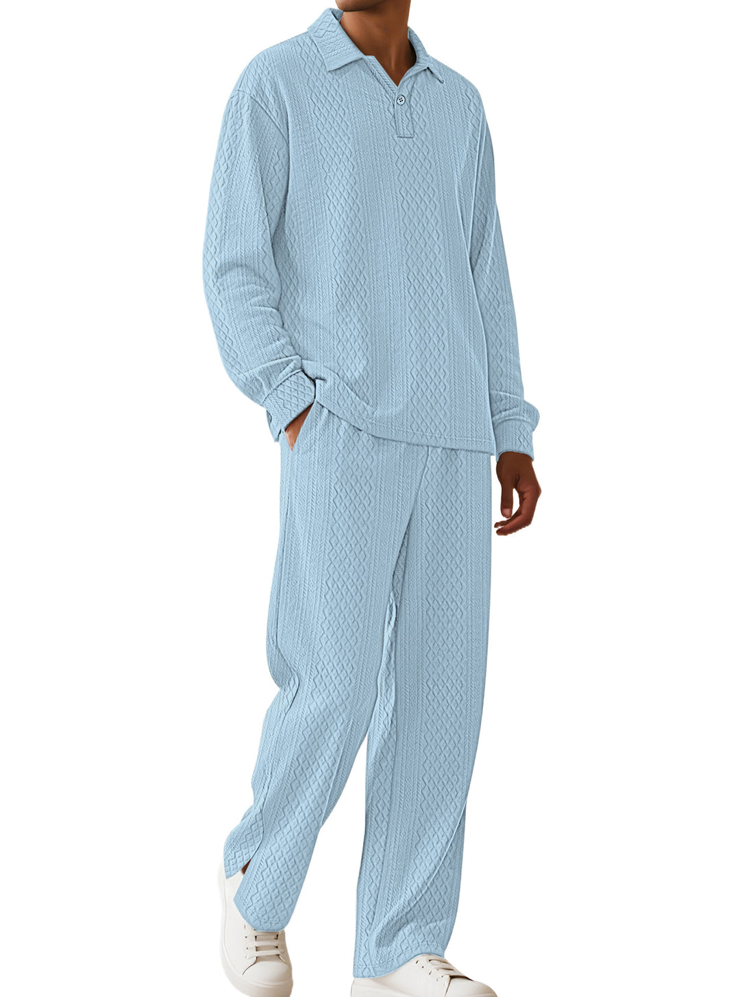 Herren nan Jacquard-Strickset mit Polokragen, legerer Passform und gerader Hose Drune