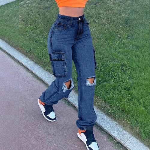 Damen High-Waist Cargo-Jeans mit geradem Bein, Knie-Rissen und seitlicher Klappentasche Drune