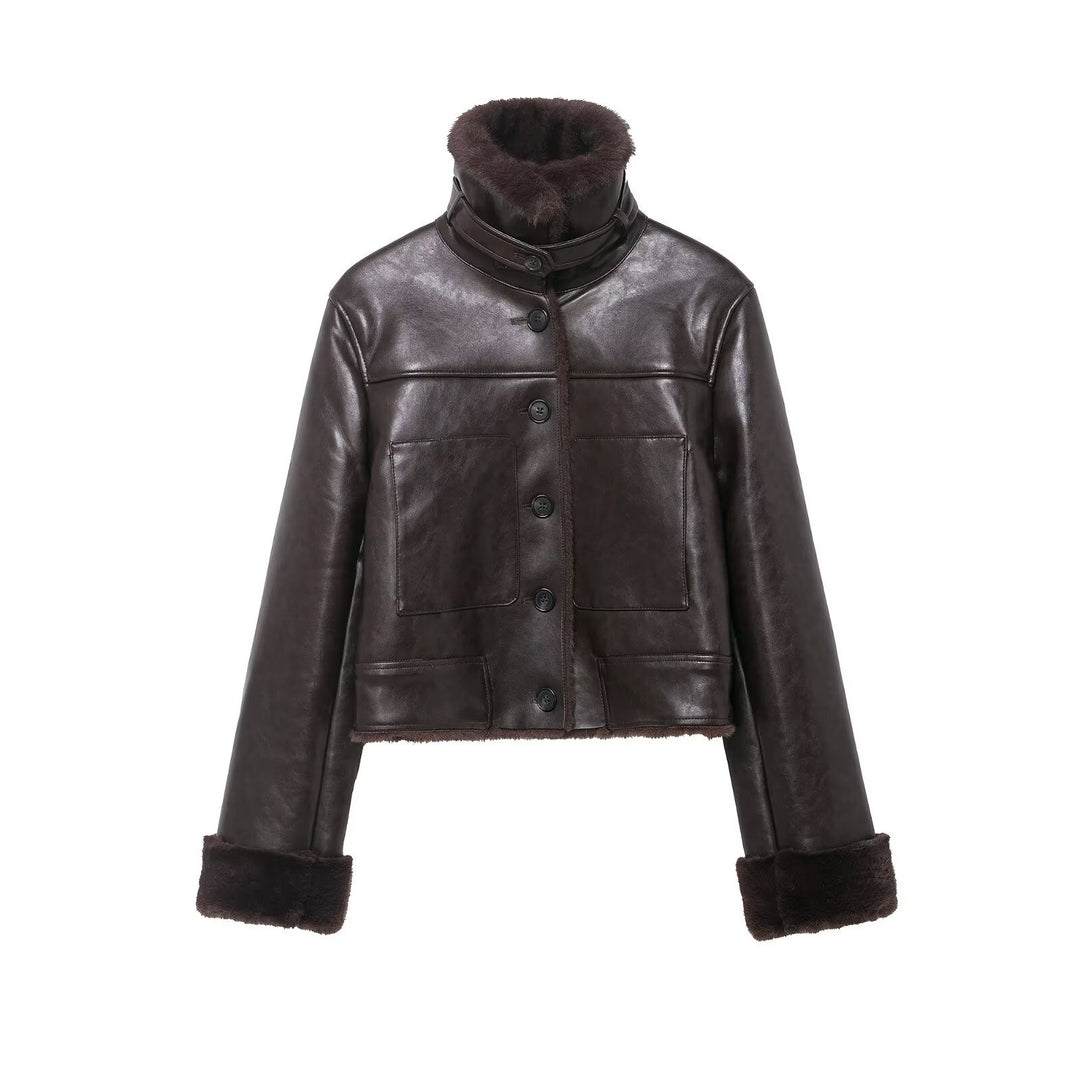 Damen Kurze Lammfelljacke im Vintage-Look mit hohem Stehkragen und aufgesetzten Taschen Drune
