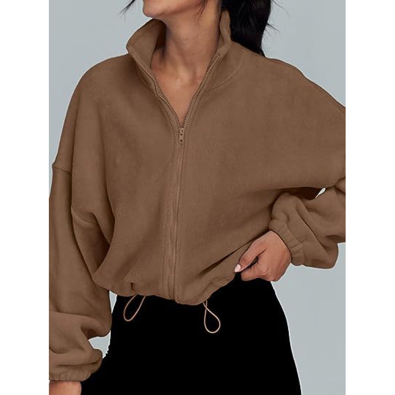 Damen trendy Oversize-Zip-Pullover mit hohem Kragen und Kordelzug Drune