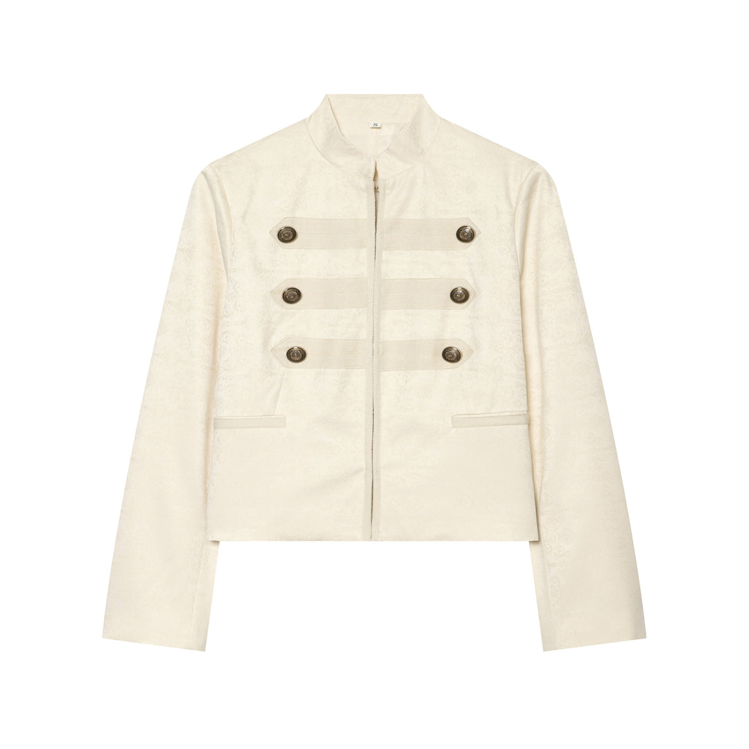 Damen Boxy-Cropped Jacquard-Jackett mit Stehkragen und dekorativer Zierknopfleiste Drune