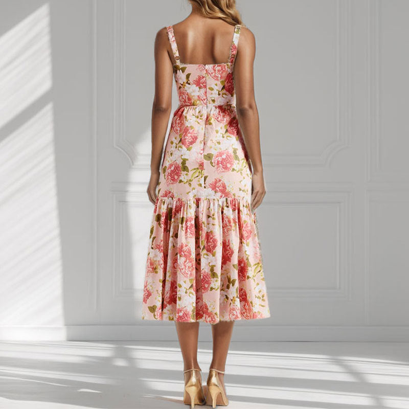 Damen Blumenkleid mit Rüschensaum und schmalen Trägern Drune