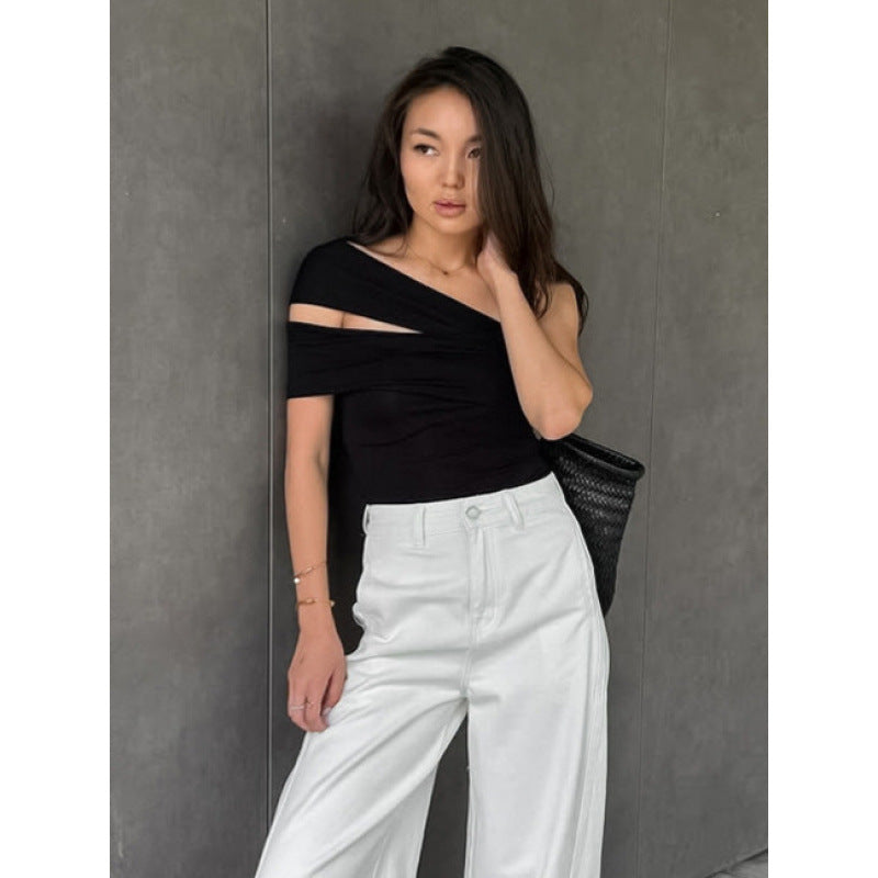 Damen asymmetrisches Oberteil mit eleganter Wickeldetail Drune