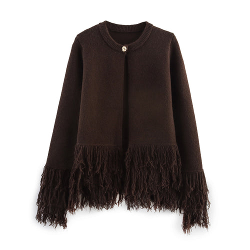 Damen nan Fransenponcho mit Rundhalsausschnitt und dekorativem Knopfverschluss Drune