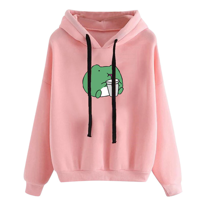 Damen nan kurz geschnittener Cropped-Kapuzenpullover mit niedlicher Frosch-Illustration und verstellbarer Kapuze Drune