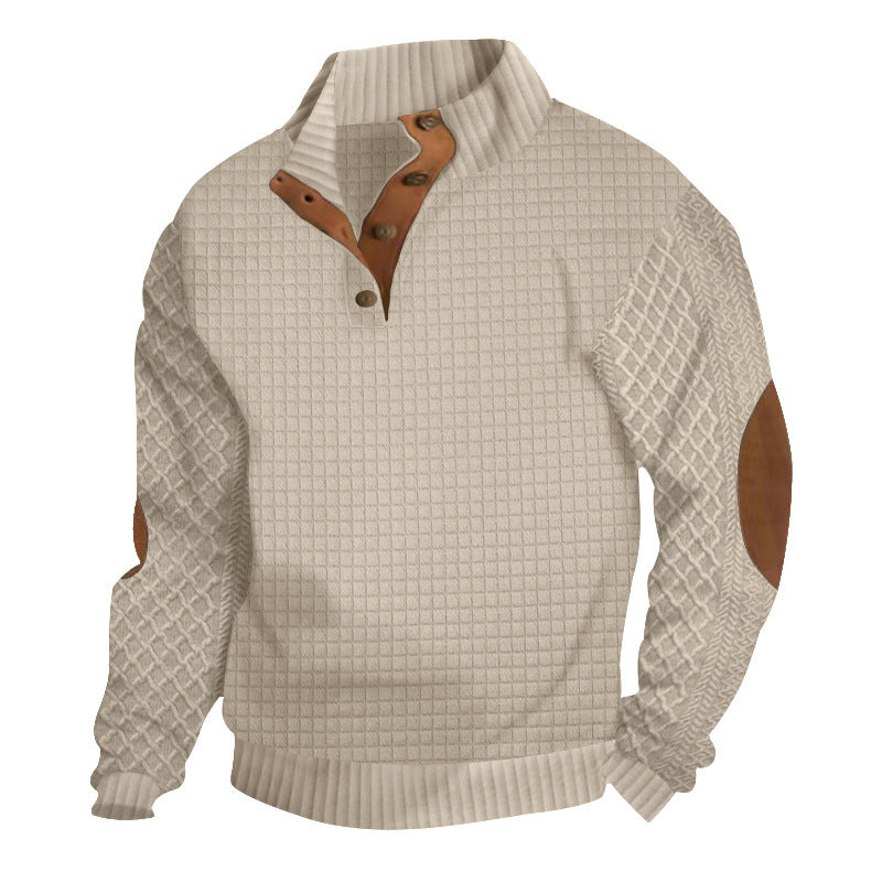 Herren Waffelstrick-Halbzip-Pullover mit Stehkragen Lederbesatz und Ellbogenpatches Drune