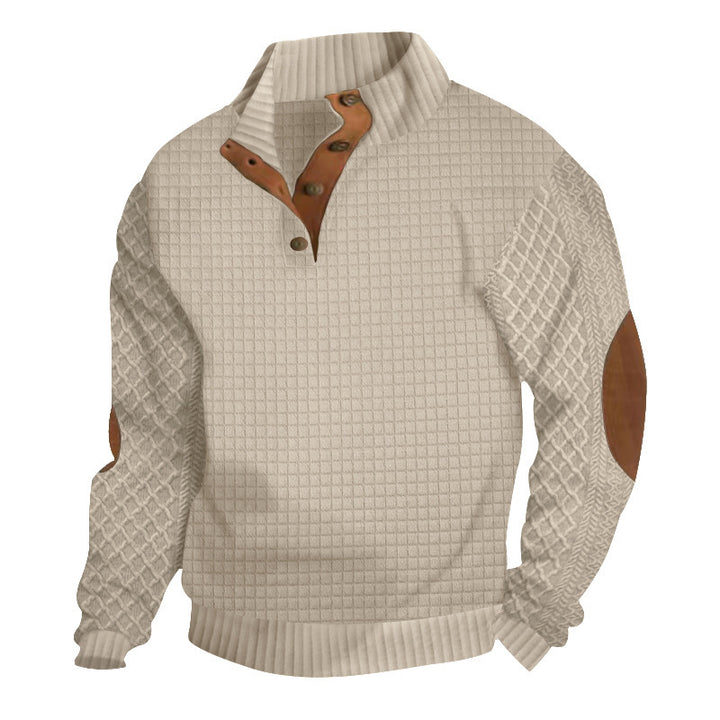 Herren Waffelstrick-Halbzip-Pullover mit Stehkragen Lederbesatz und Ellbogenpatches Drune