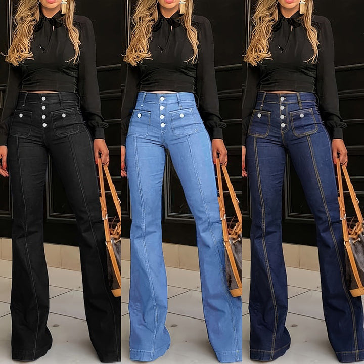 Damen High-Waist Schlagjeans mit Knopfdetails Drune