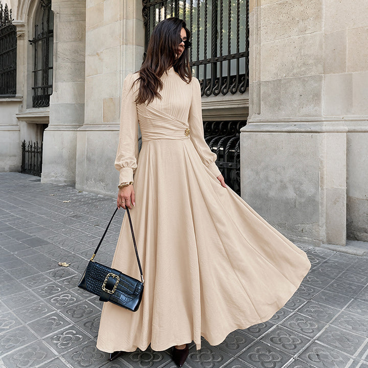 Damen Elegantes Maxikleid mit hochgeschlossenem Kragen und Rüschendetails Drune