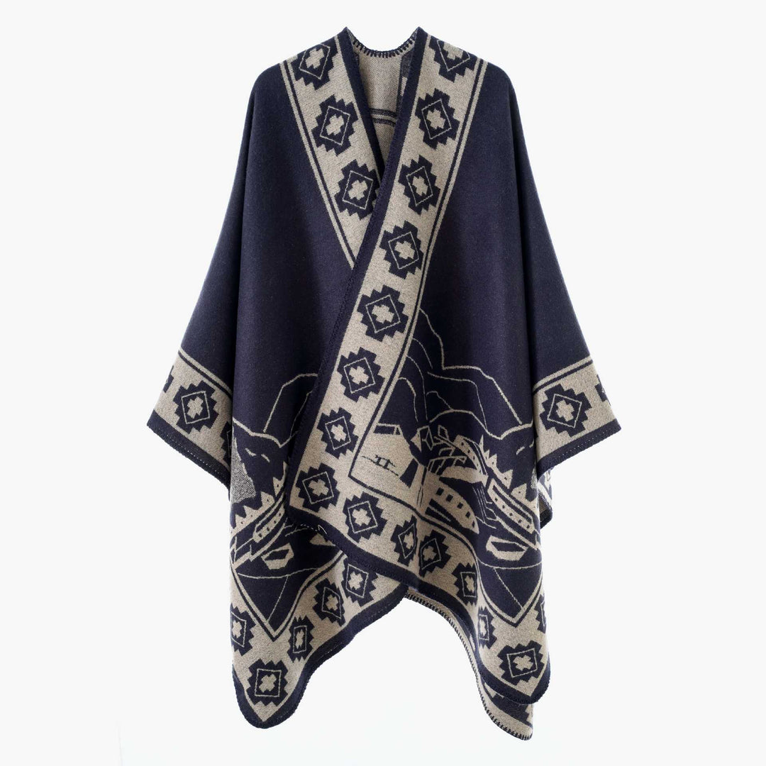 Damen Jacquard‑Strickponcho mit offenem Fall und Bordüren‑Detail Drune