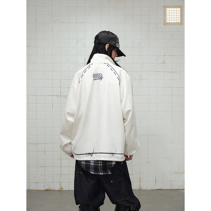 Unisex Oversize Fleecejacke mit Stehkragen und grafischem Skizzenprint Drune