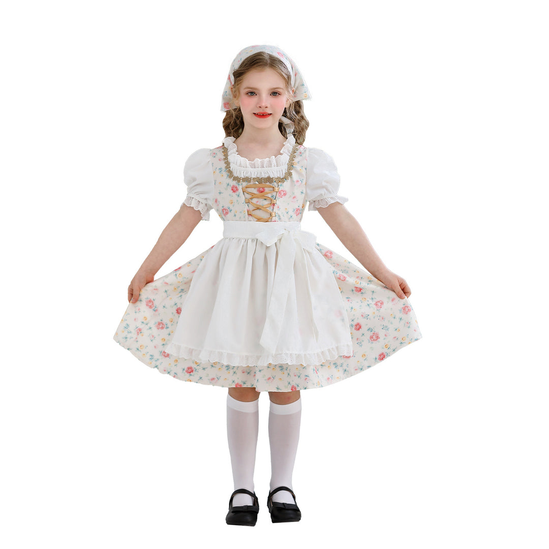 Damen nan traditionelles Dirndlkleid für Mädchen mit bestickter Schürze, Rüschenkragen und passendem Kopftuch Drune