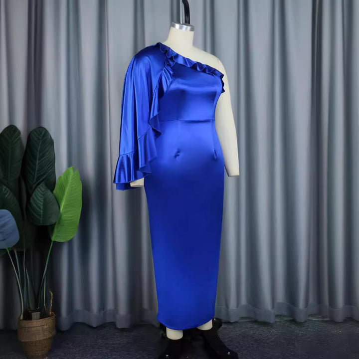 Damen elegantes Abendkleid mit asymmetrischem Rüschärmel Drune