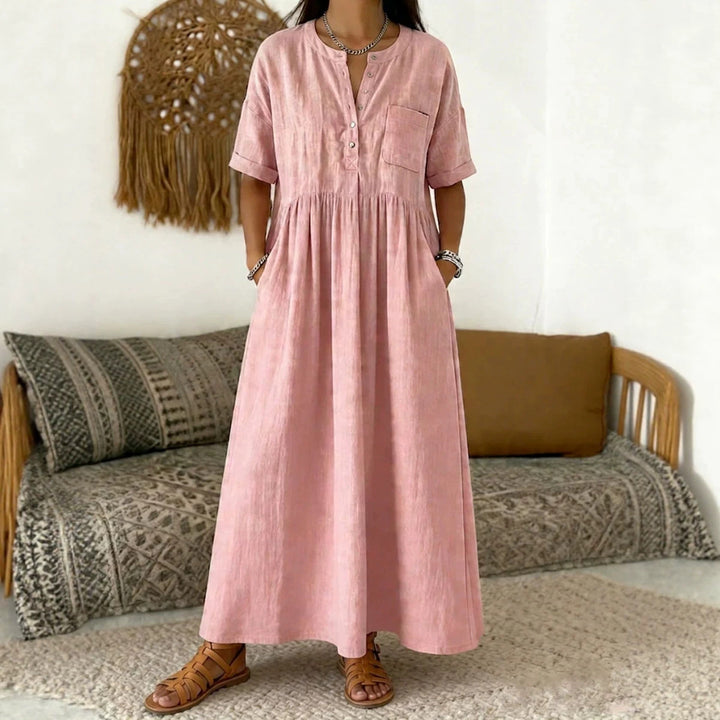 Damen Langes Boho‑Maxikleid mit Henley‑Knopfleiste, Brusttasche und seitlichen Eingrifftaschen Drune