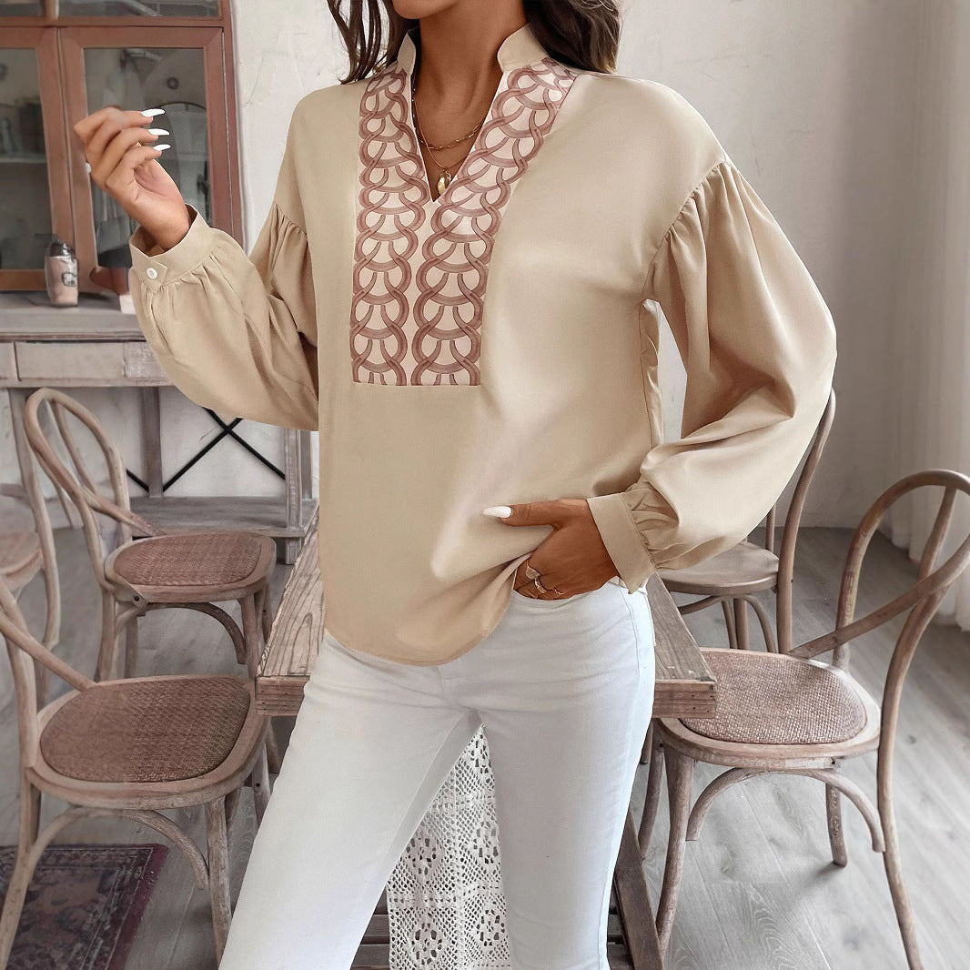 Damen Bluse mit Stehkragen, bestickter V‑Passe und ballonärmeln Drune