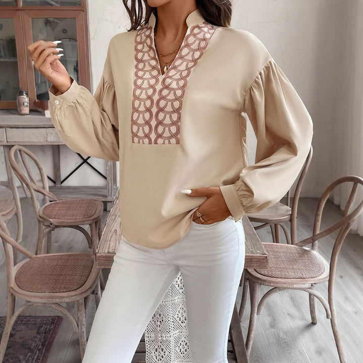 Damen Bluse mit Stehkragen, bestickter V‑Passe und ballonärmeln Drune