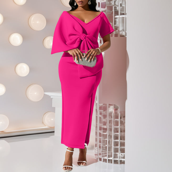 Damen figurbetontes Kleid mit voluminösem Schleifen-Detail und modernem Schlitz Drune