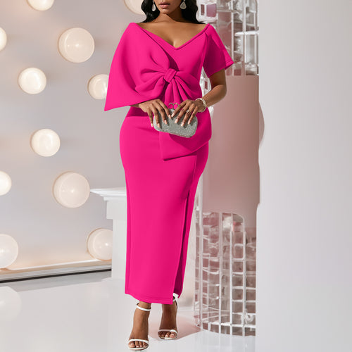Damen figurbetontes Kleid mit voluminösem Schleifen-Detail und modernem Schlitz Drune