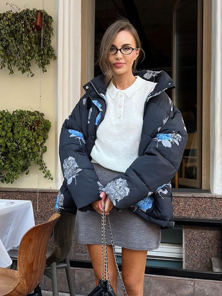Damen Gepolsterte Oversize-Steppjacke mit Blumenprint und Kapuze Drune