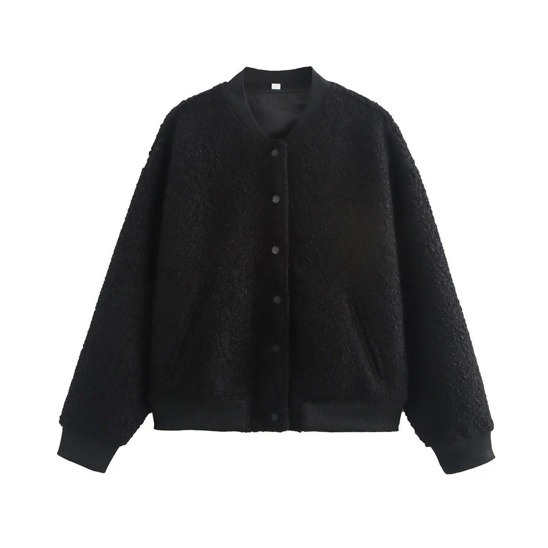 Damen nan kuschelige Teddy-Bomberjacke im College‑Style mit verdeckter Druckknopfleiste und eingearbeiteten Taschen Drune