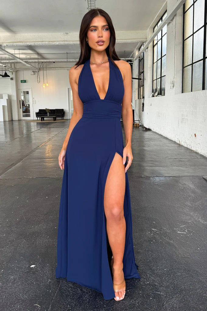 Damen Maxikleid mit tiefem V-Ausschnitt und elegantem Schlitz Drune