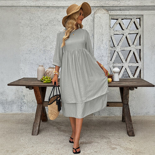 Damen Lagen-Midikleid mit geraffter Taille, 3/4-Ärmeln und lockerem A-Linien-Schnitt Drune